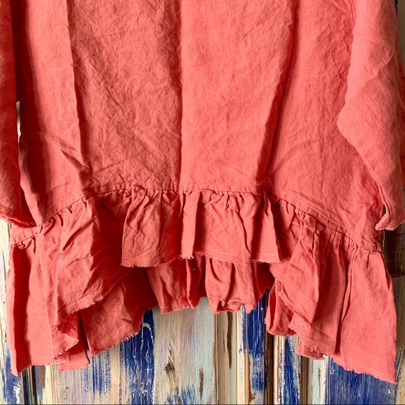 LenokLINEN Loose Ruffle Linen Blouse Coral S - Picture 5 of 11